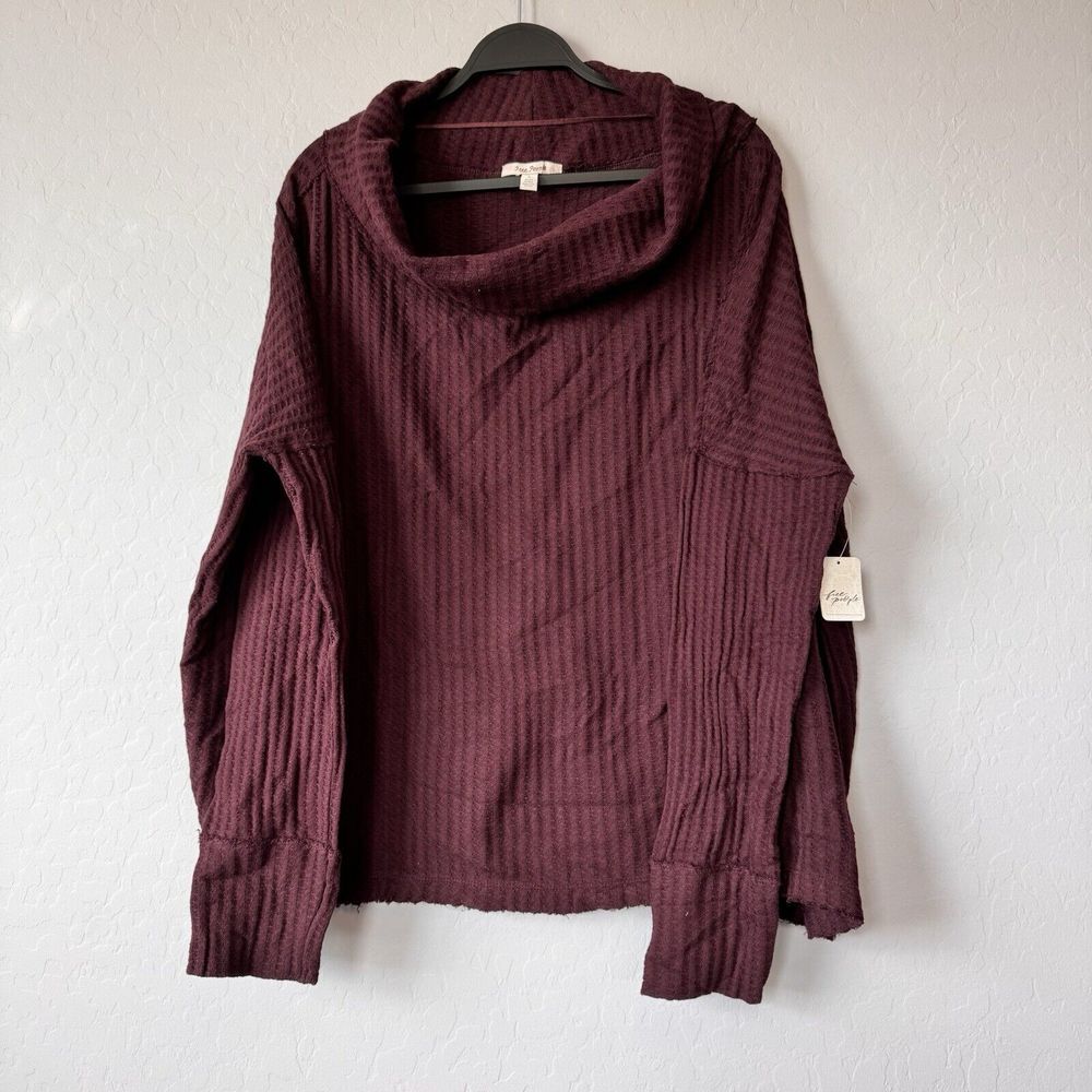 NWT Free People Large Burgundy Waffle Knit Cowl Neck‎ Open Back Long Sleeve Top